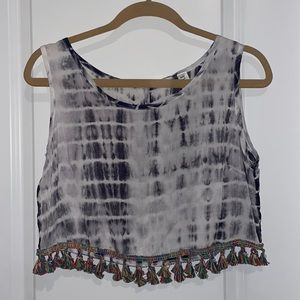 Women’s tie dye cropped tank top with multicolored tassels